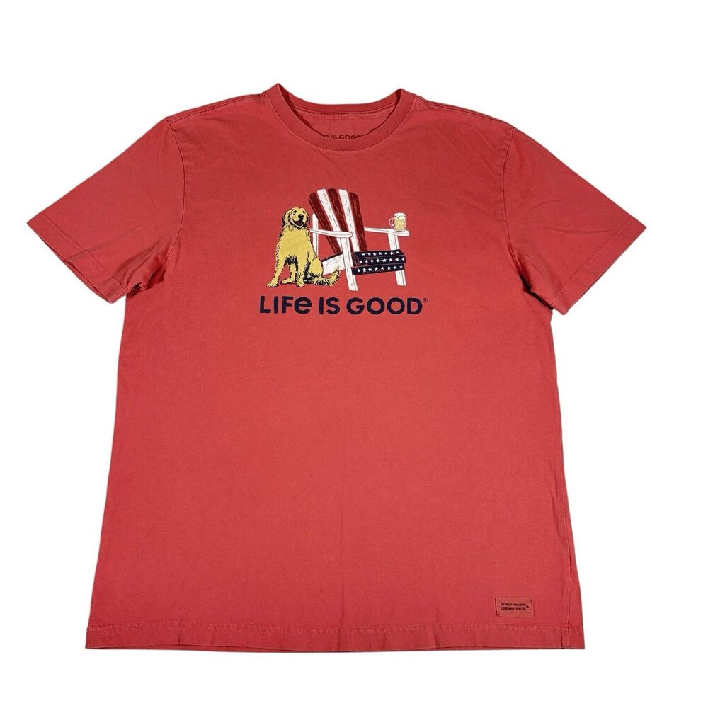 Life Is Good T-Shirt Men’s Medium Red Crusher Tee Dog Chair Beer Graphic USA